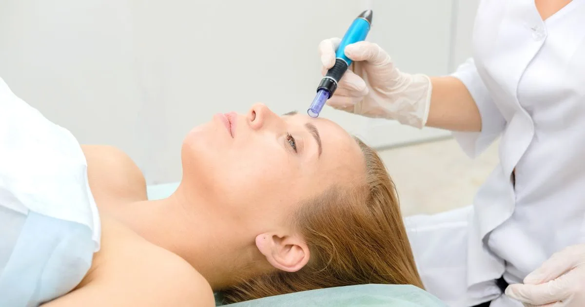 Aesthetician performing RF microneedling (Vivace®) on a woman's cheek to stimulate collagen for skin tightening at Pure Beauty Aesthetics.